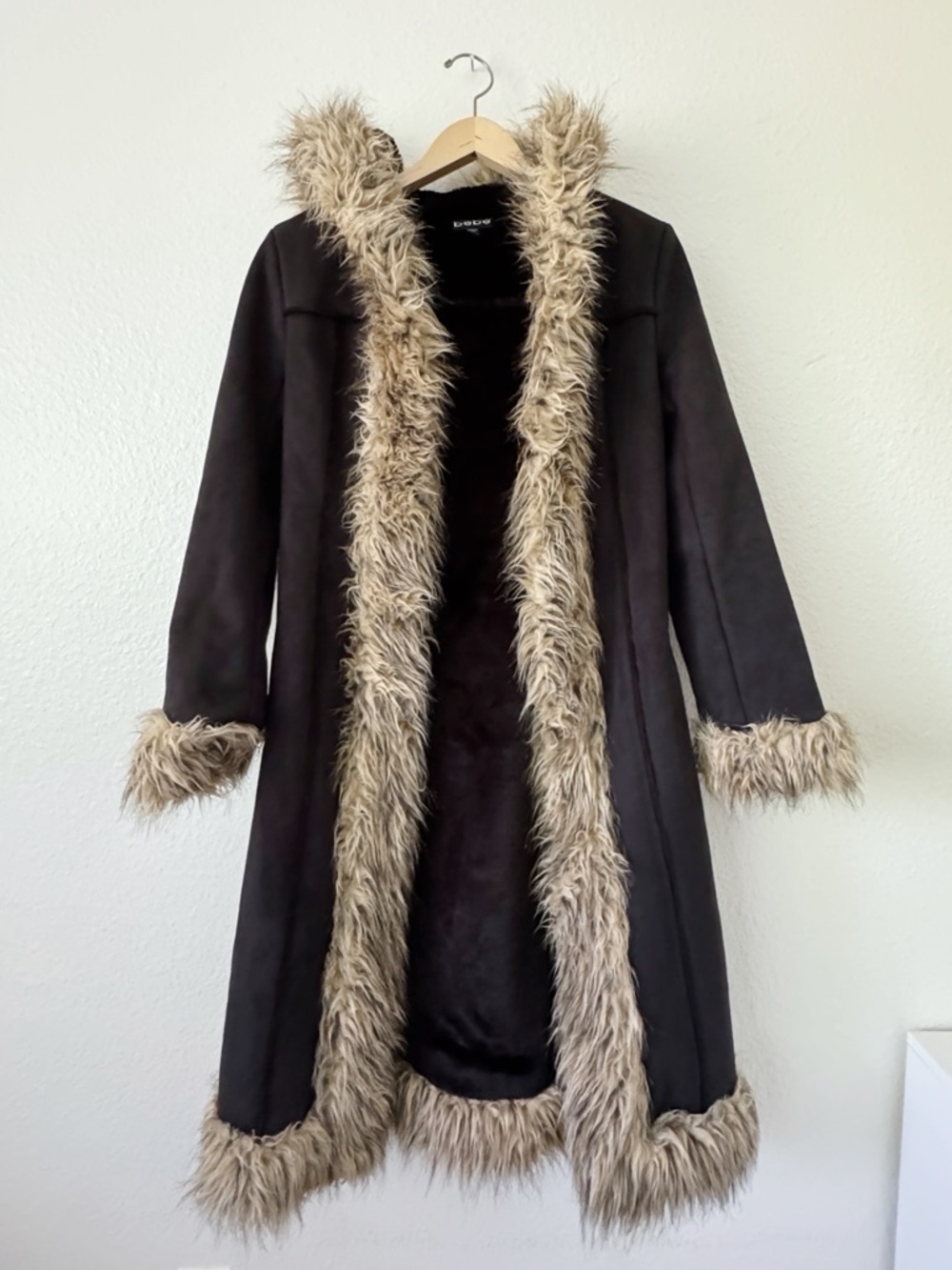 Vintage BEBE Suede Black Penny Lane Long Coat with Beige Faux-Fur Trim SZ XS
